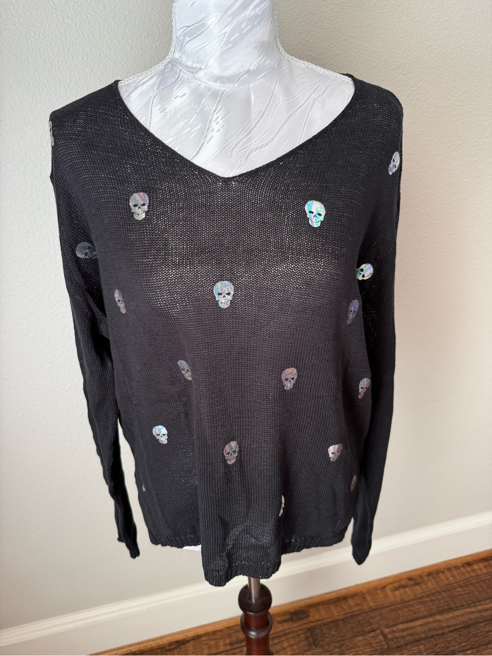 Wooden Ships Black Scoop Neck Sweater with Holographic Skull Accents